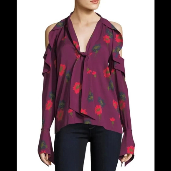 Tanya Taylor Adriene Spaced-Out Floral Cold-Shoulder Silk Blouse size LARGE/4 - Picture 1 of 12